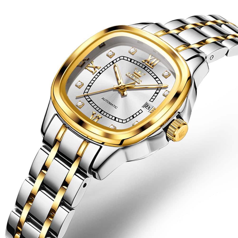 OLEVS Retro Square Diamond Dial Automatic Mechanical Watch 9810 for Men and Women - Women Silver Watch | Olevs Watch Store