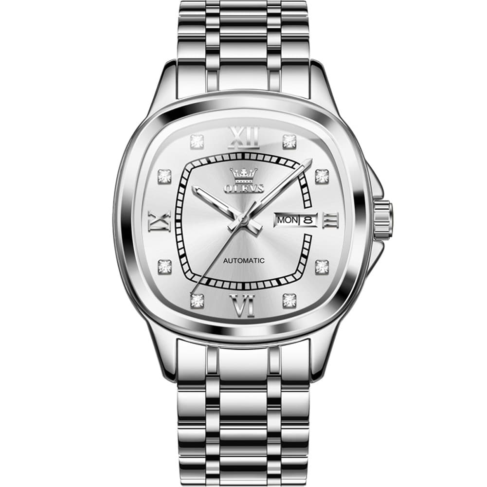 OLEVS Retro Square Diamond Dial Automatic Mechanical Watch 9810 for Men and Women - Women Silver Watch | Olevs Watch Store