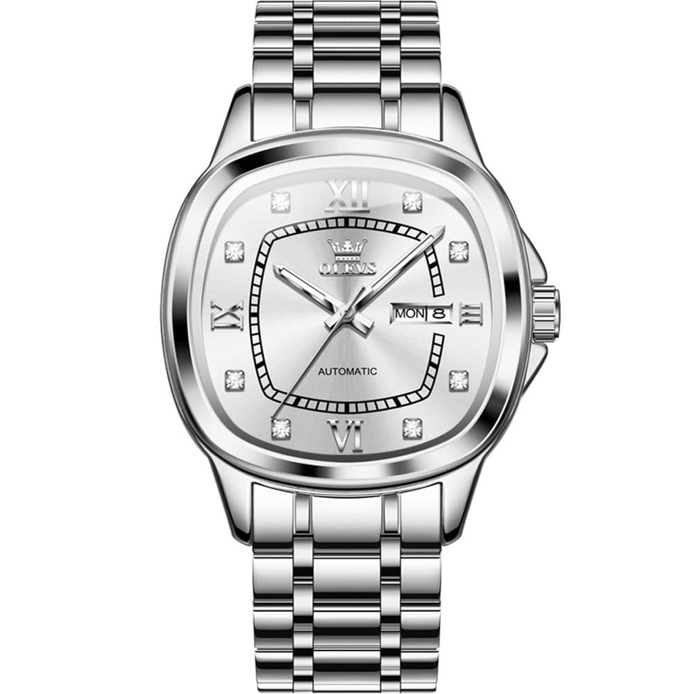 OLEVS Retro Square Diamond Dial Automatic Mechanical Watch 9810 for Men and Women - Women Silver Watch | Olevs Watch Store