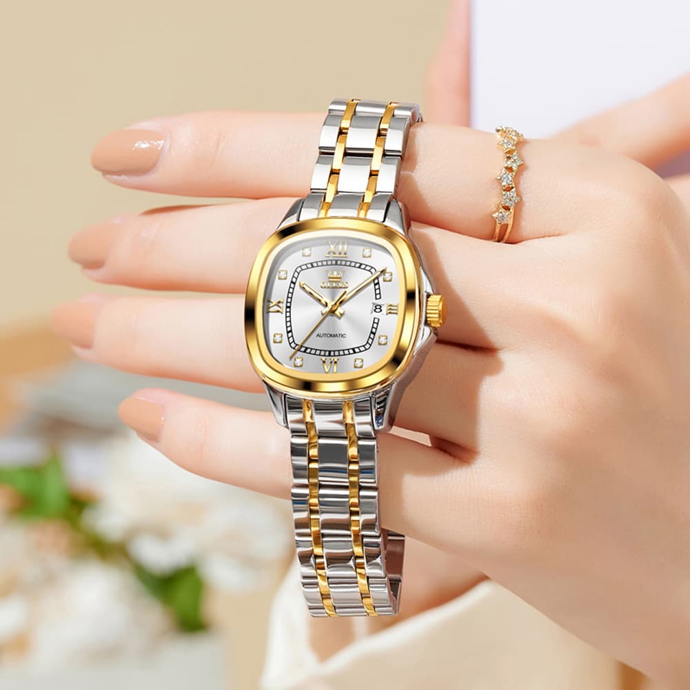 OLEVS Retro Square Diamond Dial Automatic Mechanical Watch 9810 for Men and Women - Women Silver Watch | Olevs Watch Store