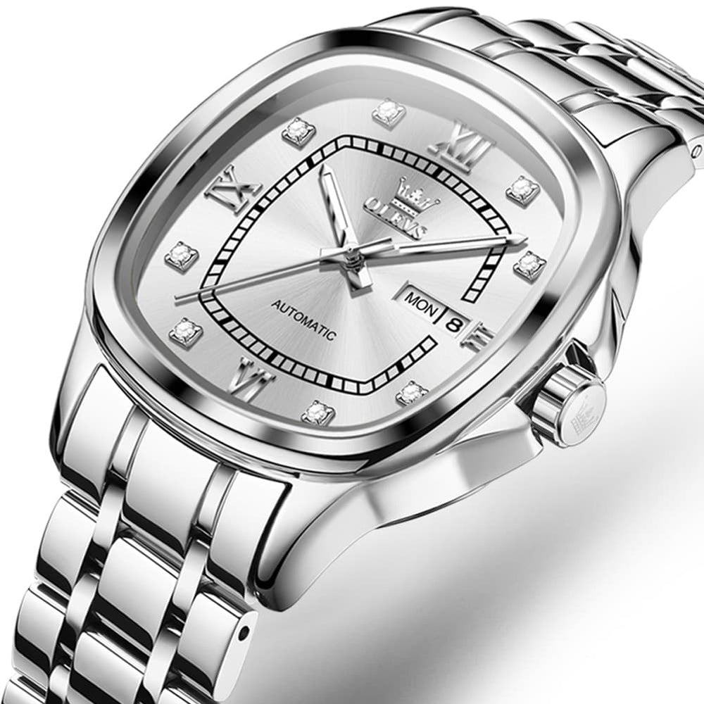 OLEVS Retro Square Diamond Dial Automatic Mechanical Watch 9810 for Men and Women - Women Silver Watch | Olevs Watch Store