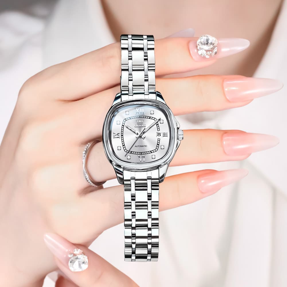 OLEVS Retro Square Diamond Dial Automatic Mechanical Watch 9810 for Men and Women - Women Silver Watch | Olevs Watch Store