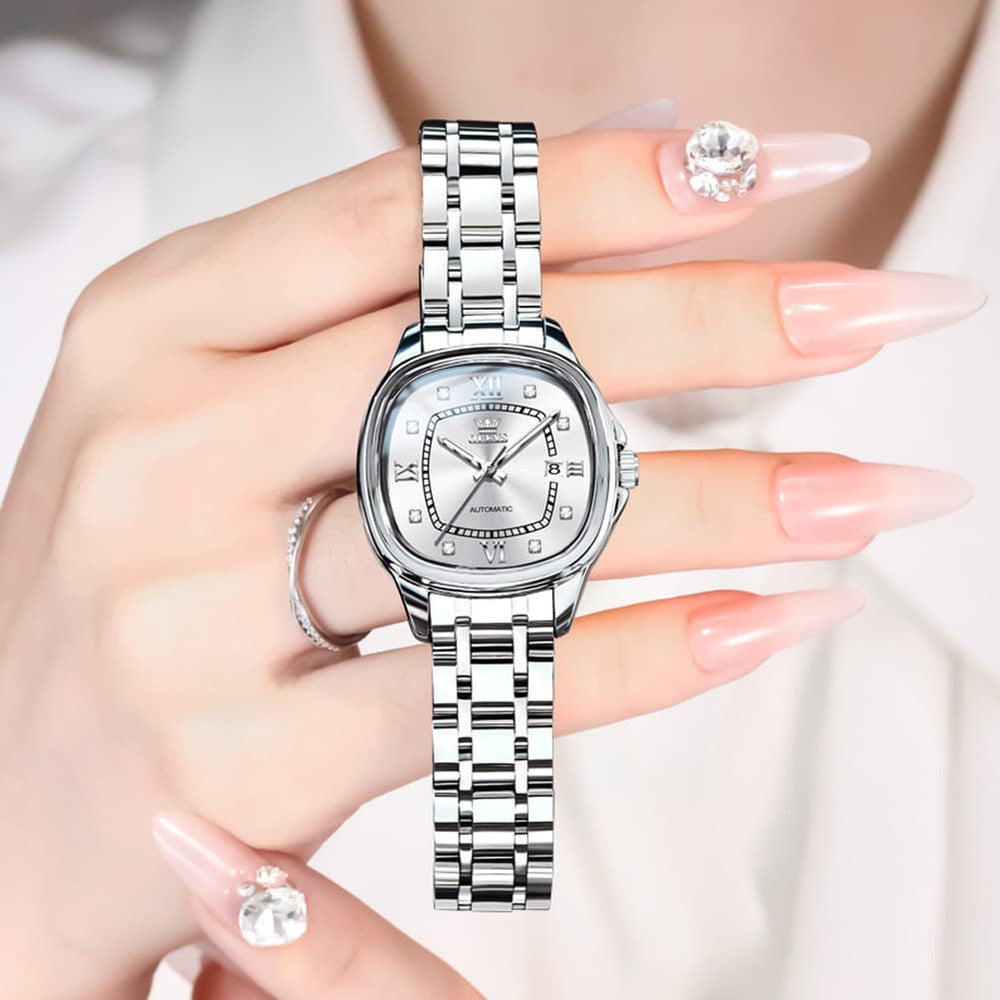 OLEVS Retro Square Diamond Dial Automatic Mechanical Watch 9810 for Men and Women - Women Silver Watch | Olevs Watch Store