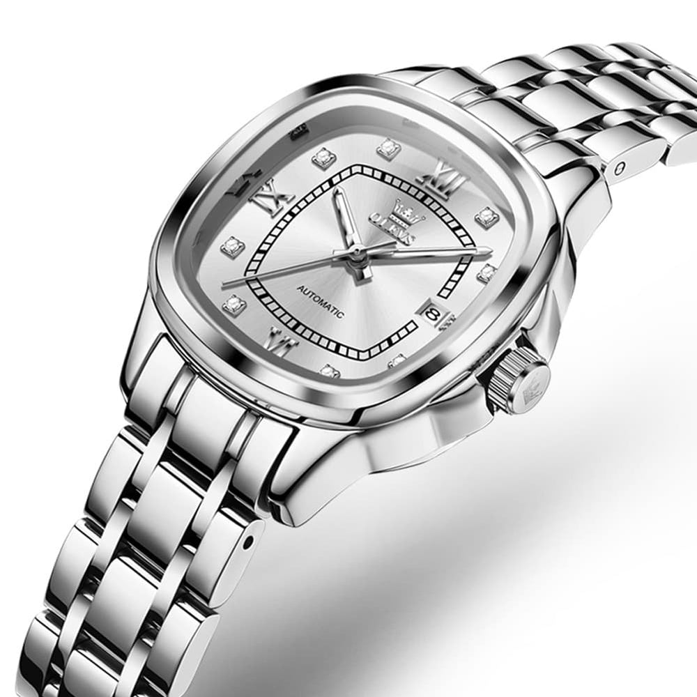 OLEVS Retro Square Diamond Dial Automatic Mechanical Watch 9810 for Men and Women - Women Silver Watch | Olevs Watch Store