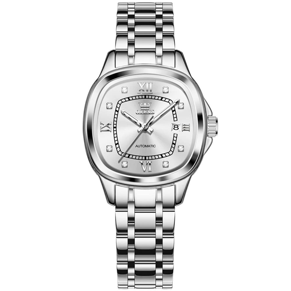 OLEVS Retro Square Diamond Dial Automatic Mechanical Watch 9810 for Men and Women - Women Silver Watch | Olevs Watch Store