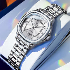 OLEVS Retro Square Diamond Dial Automatic Mechanical Watch 9810 for Men and Women - Women Silver Watch | Olevs Watch Store