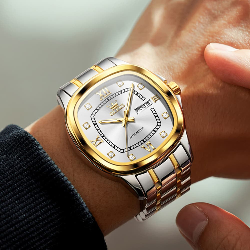 OLEVS Retro Square Diamond Dial Automatic Mechanical Watch 9810 for Men and Women - Women Silver Watch | Olevs Watch Store