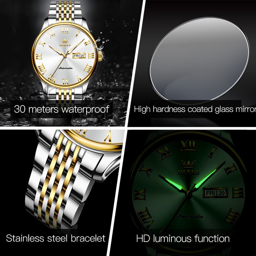 OLEVS Roman Numeral Day Date Automatic Mechanical Watch 9929 for Men - Two Tone White Watch | Olevs Watch Store