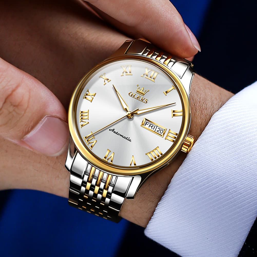 OLEVS Roman Numeral Day Date Automatic Mechanical Watch 9929 for Men - Two Tone White Watch | Olevs Watch Store