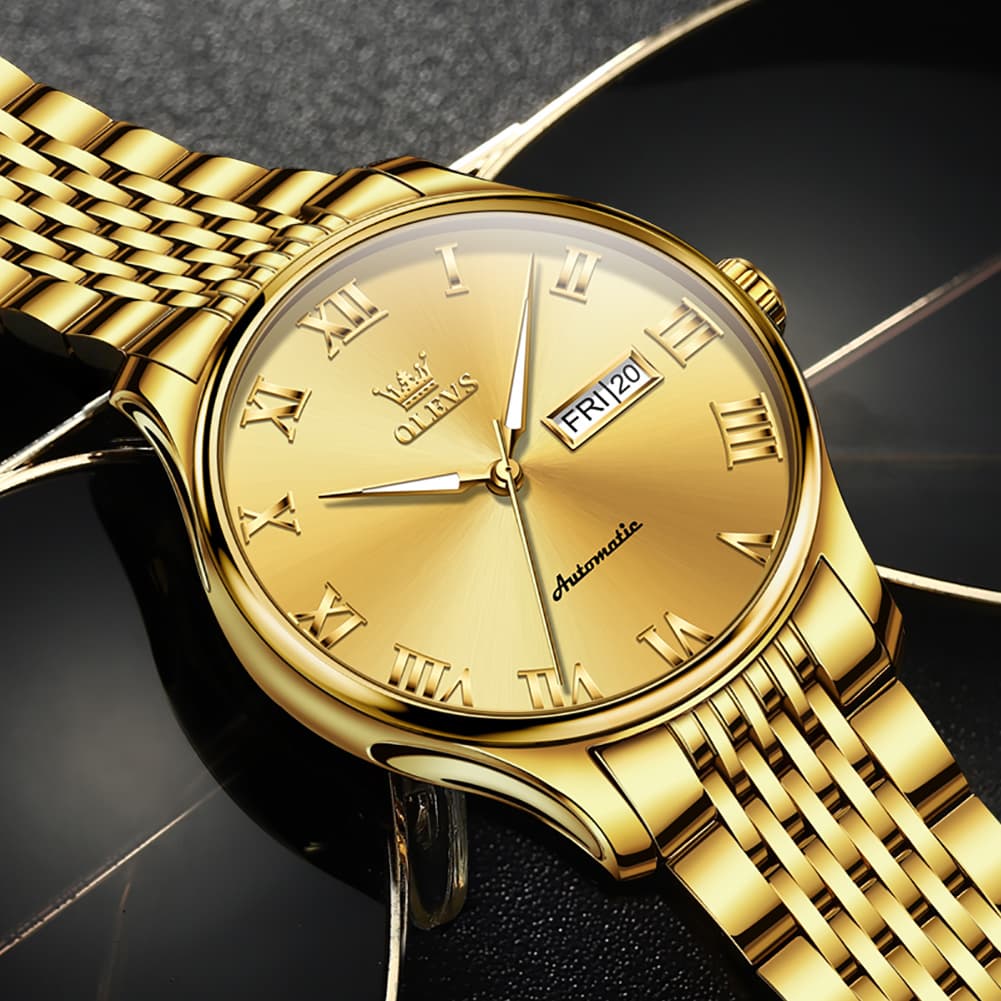 OLEVS Roman Numeral Day Date Automatic Mechanical Watch 9929 for Men - Full Gold Watch | Olevs Watch Store