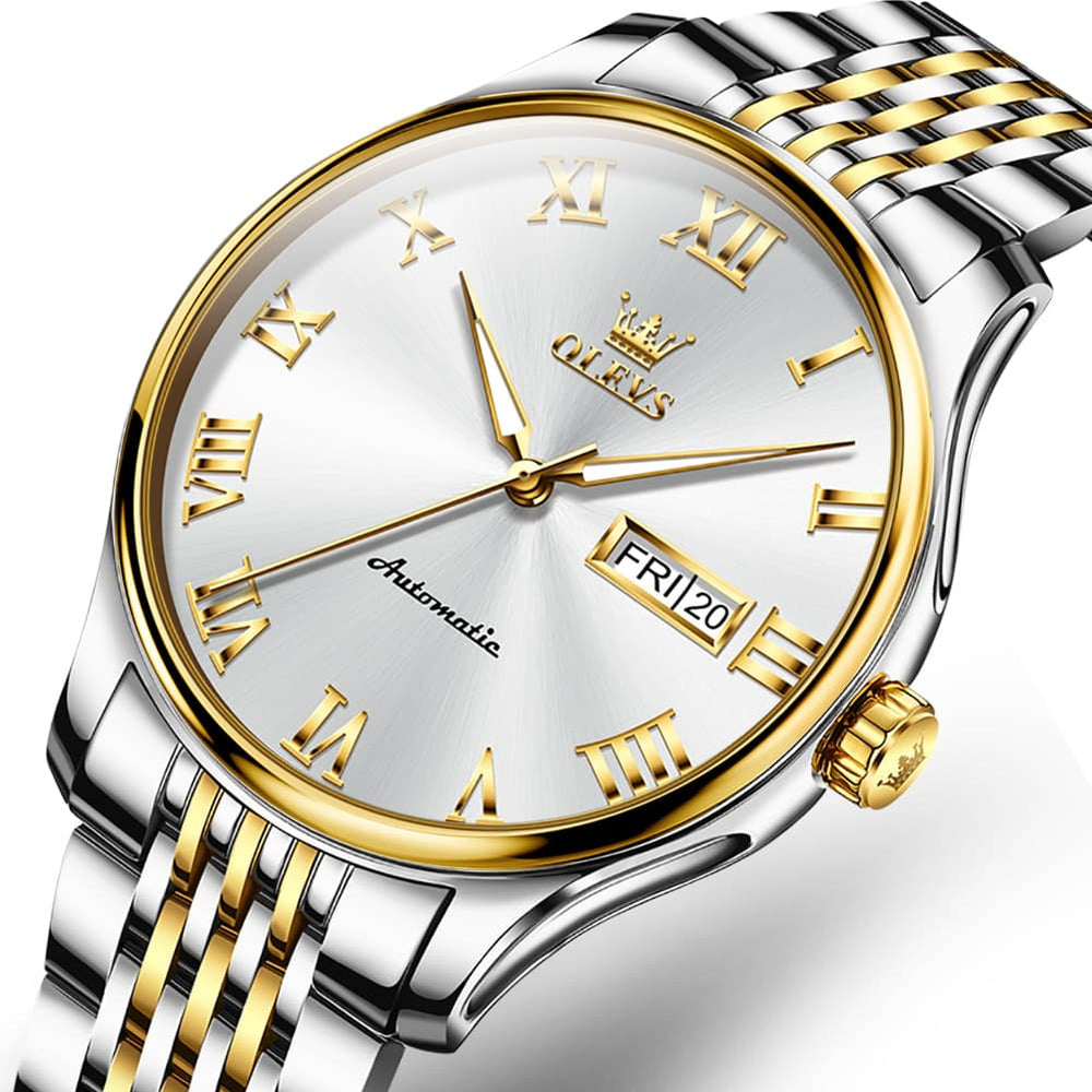 OLEVS Roman Numeral Day Date Automatic Mechanical Watch 9929 for Men - Two Tone White Watch | Olevs Watch Store