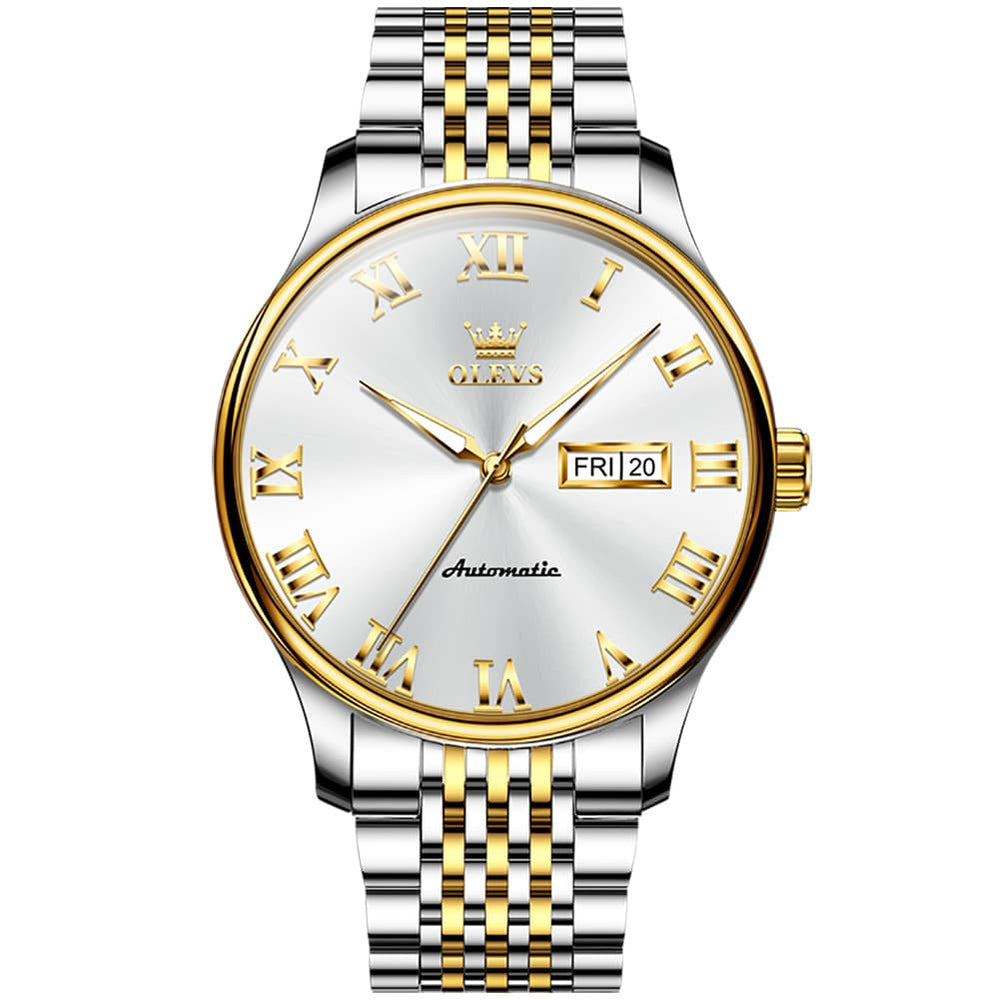 OLEVS Roman Numeral Day Date Automatic Mechanical Watch 9929 for Men - Two Tone White Watch | Olevs Watch Store