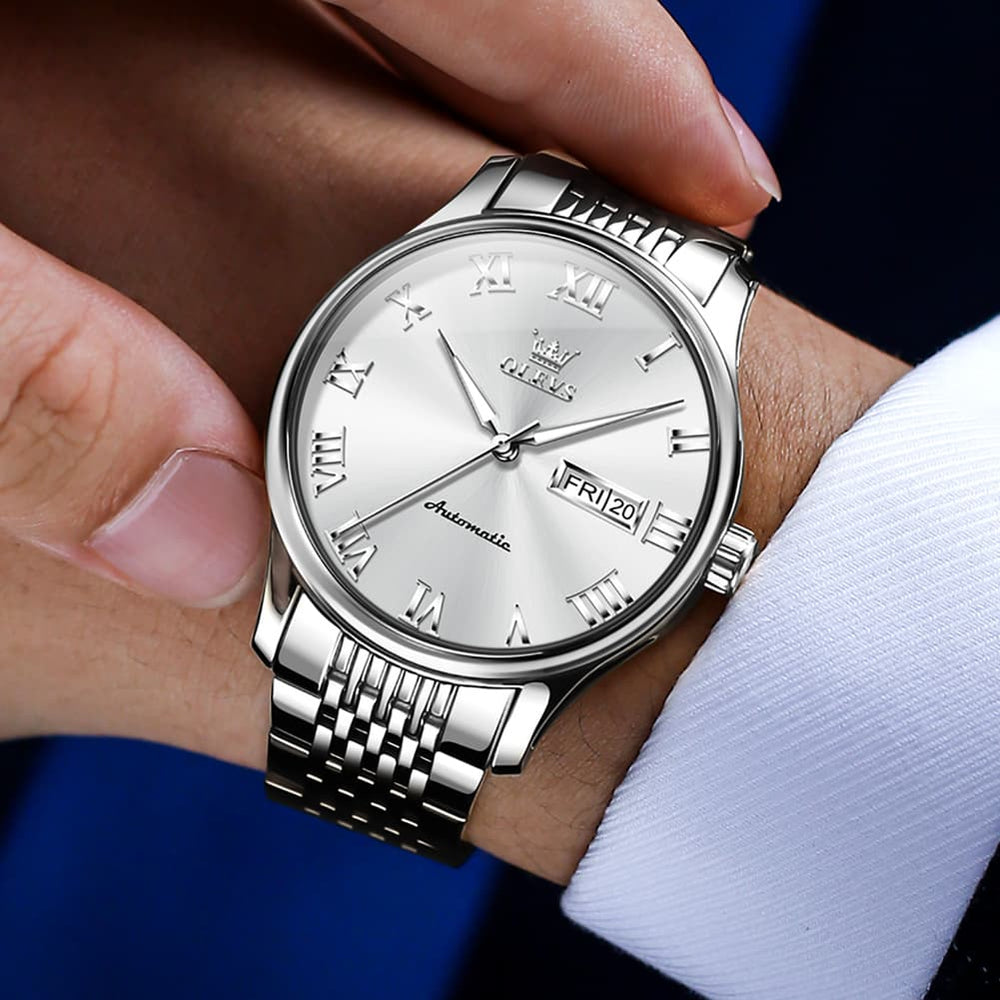 OLEVS Roman Numeral Day Date Automatic Mechanical Watch 9929 for Men - Two Tone White Watch | Olevs Watch Store
