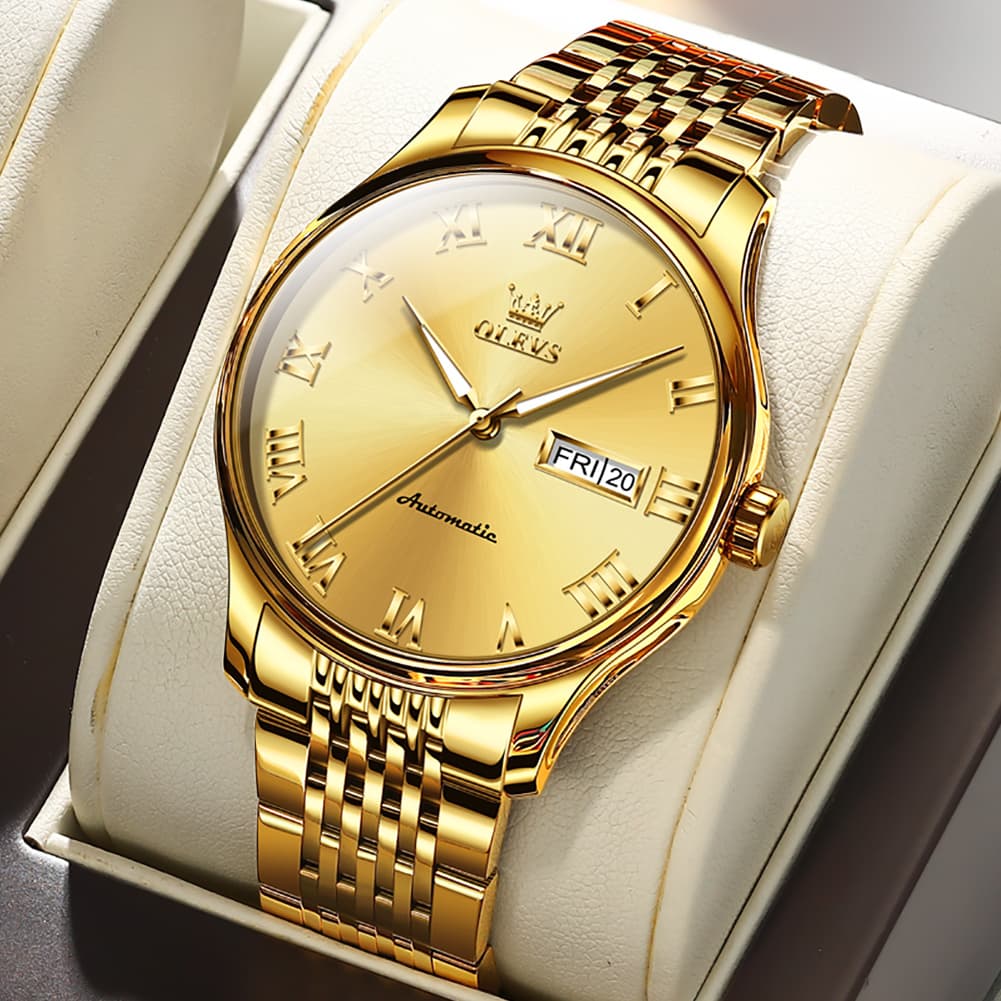 OLEVS Roman Numeral Day Date Automatic Mechanical Watch 9929 for Men - Full Gold Watch | Olevs Watch Store
