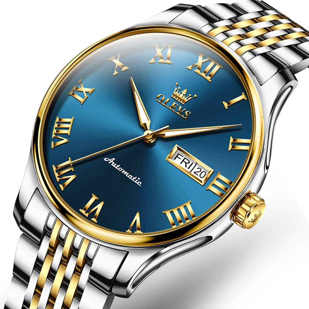 OLEVS Roman Numeral Day Date Automatic Mechanical Watch 9929 for Men - Two Tone White Watch | Olevs Watch Store
