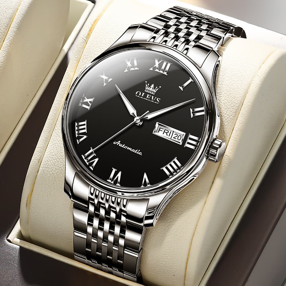 OLEVS Roman Numeral Day Date Automatic Mechanical Watch 9929 for Men - Silver Black Watch | Olevs Watch Store