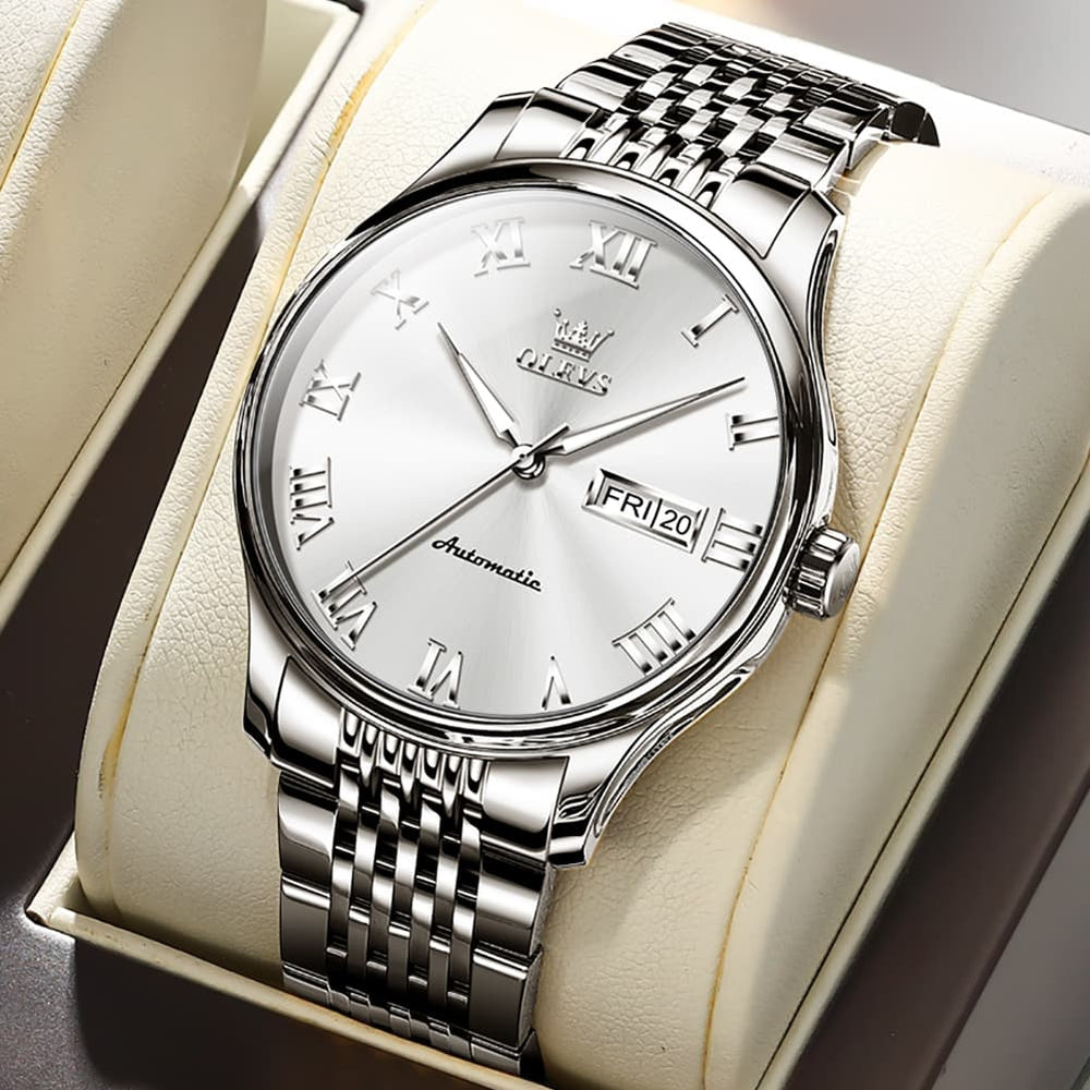 OLEVS Roman Numeral Day Date Automatic Mechanical Watch 9929 for Men - Silver White Watch | Olevs Watch Store