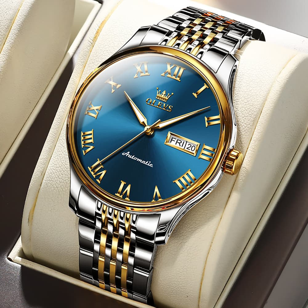 OLEVS Roman Numeral Day Date Automatic Mechanical Watch 9929 for Men - Two Tone Blue Watch | Olevs Watch Store