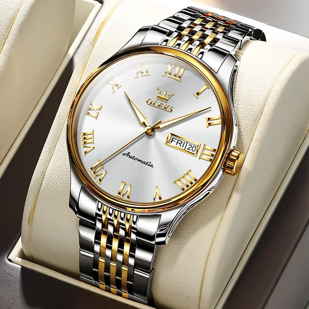 OLEVS Roman Numeral Day Date Automatic Mechanical Watch 9929 for Men - Two Tone White Watch | Olevs Watch Store