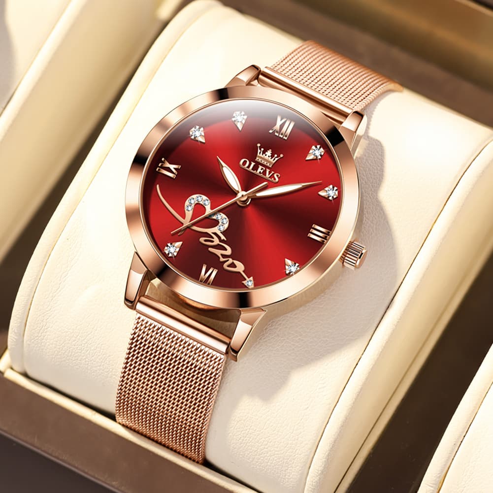 OLEVS Romantic Heart Crystal Dress Watch for Women Rose Gold Milanese Mesh 5530 - Charm Red Watch | Olevs Watch Store