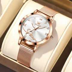 OLEVS Romantic Heart Crystal Dress Watch for Women Rose Gold Milanese Mesh 5530 - Elegant White Watch | Olevs Watch Store