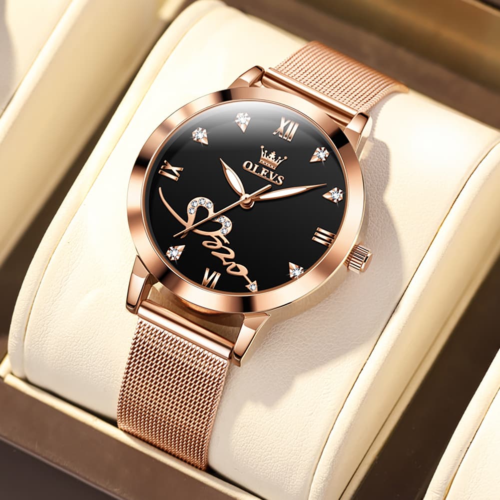 OLEVS Romantic Heart Crystal Dress Watch for Women Rose Gold Milanese Mesh 5530 - Fashion Black Watch | Olevs Watch Store