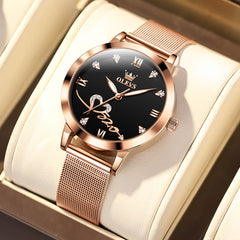 OLEVS Romantic Heart Crystal Dress Watch for Women Rose Gold Milanese Mesh 5530 - Fashion Black Watch | Olevs Watch Store