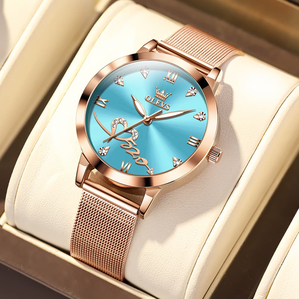OLEVS Romantic Heart Crystal Dress Watch for Women Rose Gold Milanese Mesh 5530 - Ocean Blue Watch | Olevs Watch Store