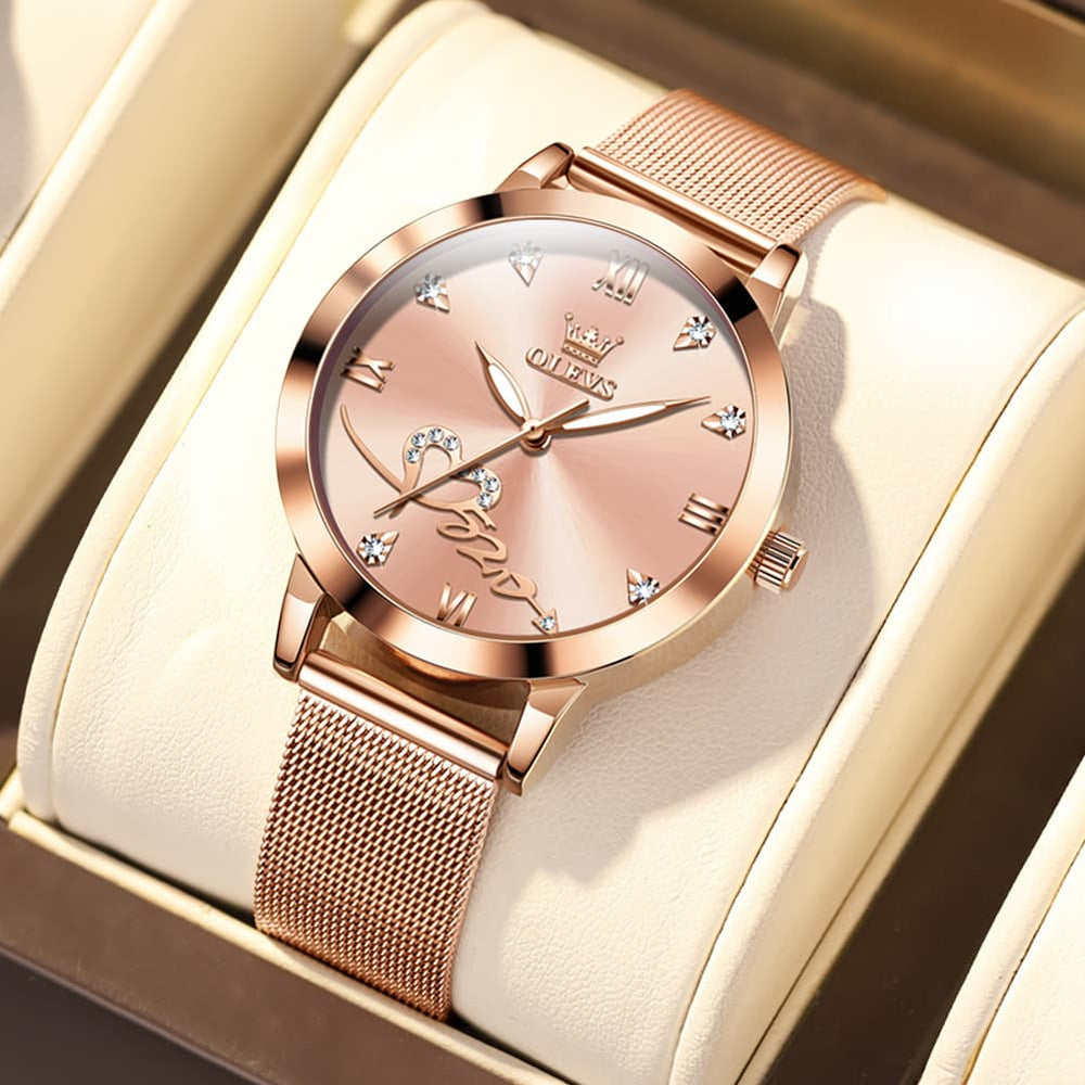 OLEVS Romantic Heart Crystal Dress Watch for Women Rose Gold Milanese Mesh 5530 - Rosy Pink Watch | Olevs Watch Store