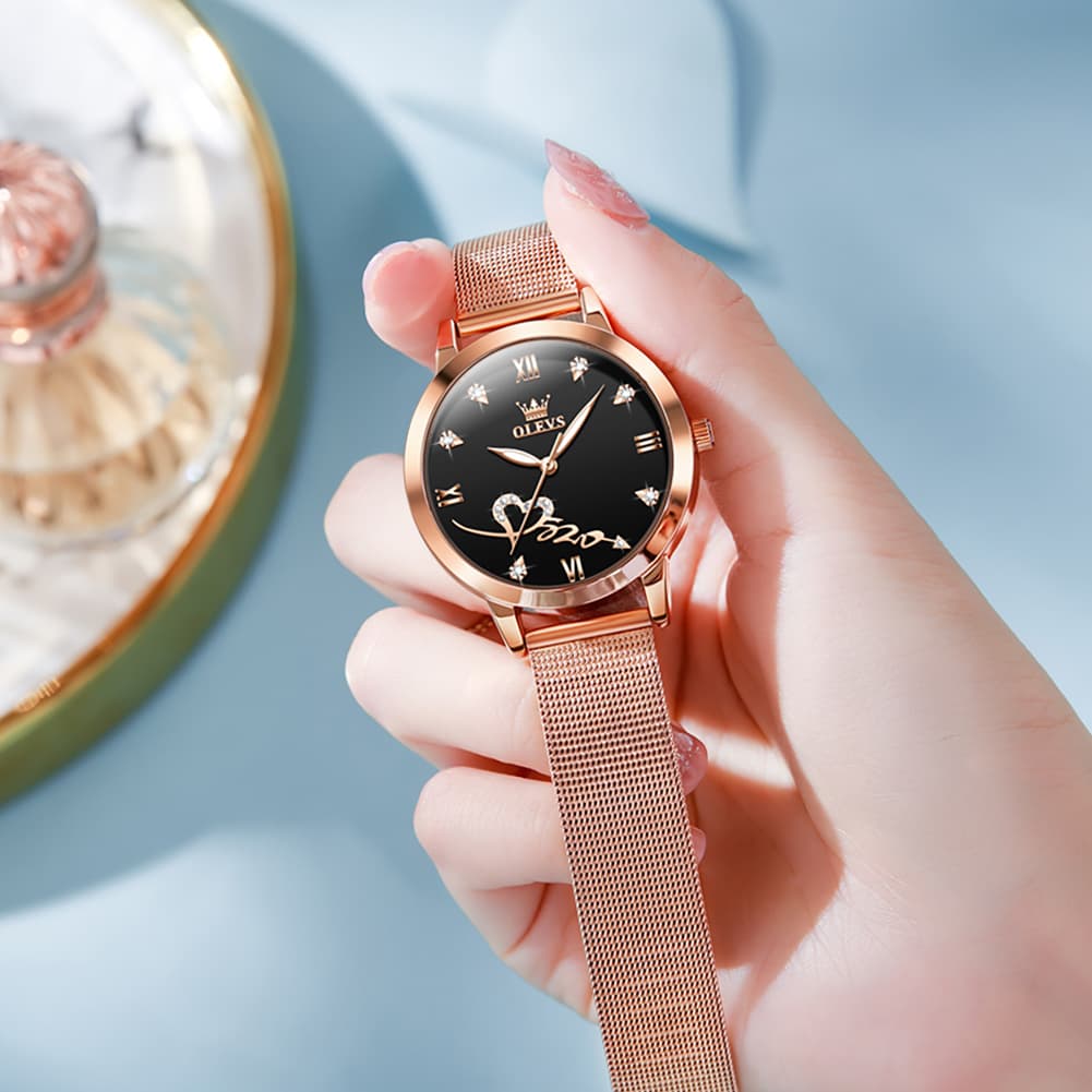 OLEVS Romantic Heart Crystal Dress Watch for Women Rose Gold Milanese Mesh 5530 - Rosy Pink Watch | Olevs Watch Store