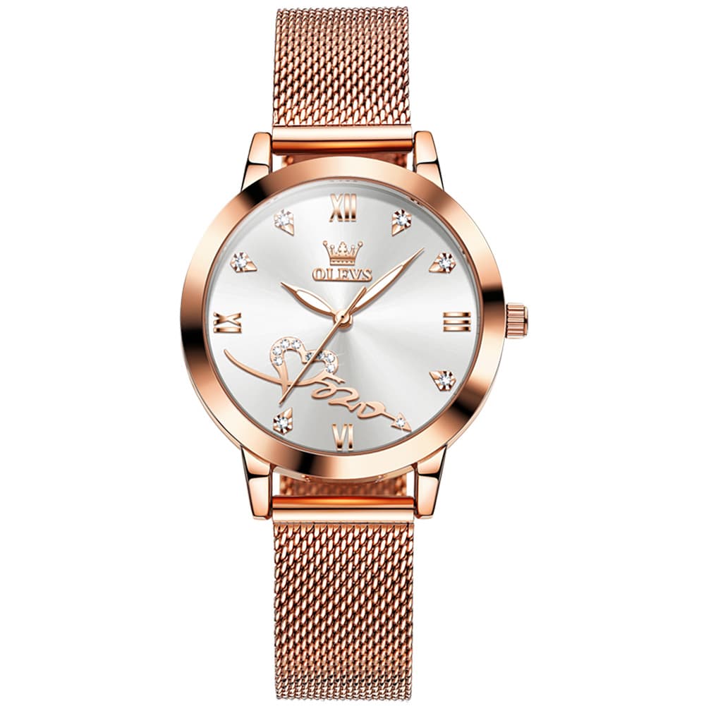 OLEVS Romantic Heart Crystal Dress Watch for Women Rose Gold Milanese Mesh 5530 - Rosy Pink Watch | Olevs Watch Store