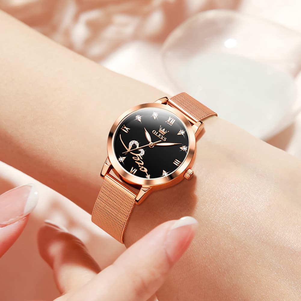 OLEVS Romantic Heart Crystal Dress Watch for Women Rose Gold Milanese Mesh 5530 - Rosy Pink Watch | Olevs Watch Store
