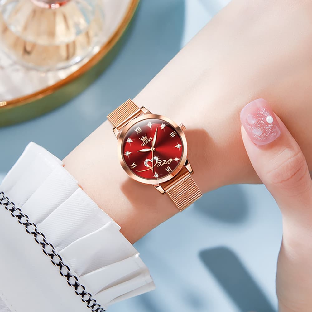 OLEVS Romantic Heart Crystal Dress Watch for Women Rose Gold Milanese Mesh 5530 - Rosy Pink Watch | Olevs Watch Store