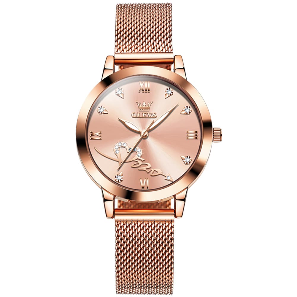 OLEVS Romantic Heart Crystal Dress Watch for Women Rose Gold Milanese Mesh 5530 - Rosy Pink Watch | Olevs Watch Store