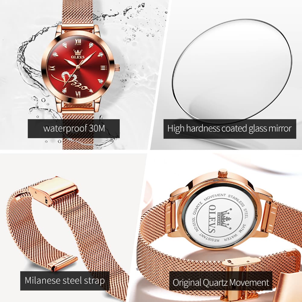 OLEVS Romantic Heart Crystal Dress Watch for Women Rose Gold Milanese Mesh 5530 - Rosy Pink Watch | Olevs Watch Store