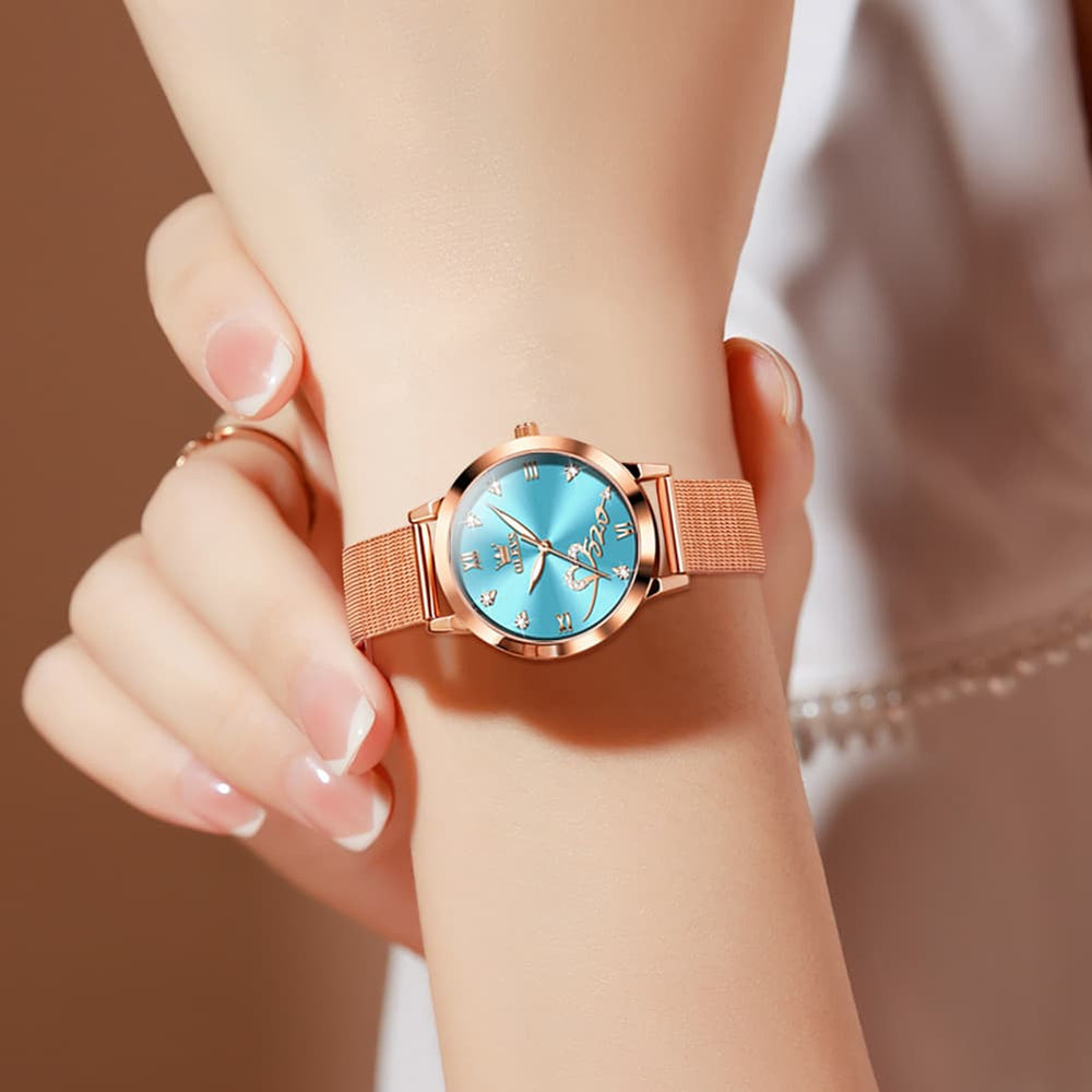 OLEVS Romantic Heart Crystal Dress Watch for Women Rose Gold Milanese Mesh 5530 - Rosy Pink Watch | Olevs Watch Store