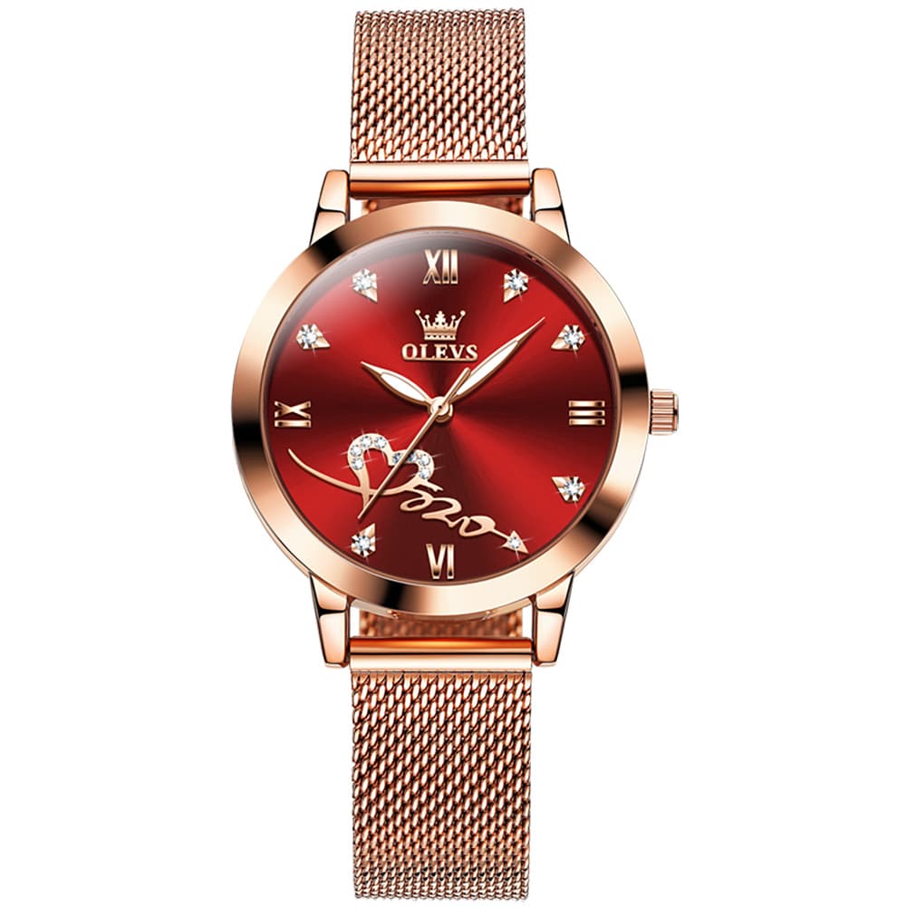 OLEVS Romantic Heart Crystal Dress Watch for Women Rose Gold Milanese Mesh 5530 - Rosy Pink Watch | Olevs Watch Store