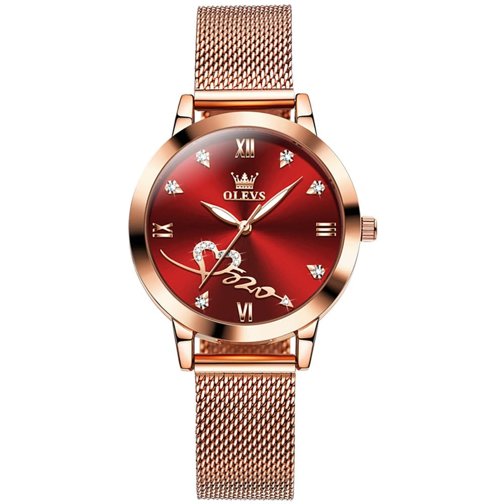 OLEVS Romantic Heart Crystal Dress Watch for Women Rose Gold Milanese Mesh 5530 - Rosy Pink Watch | Olevs Watch Store
