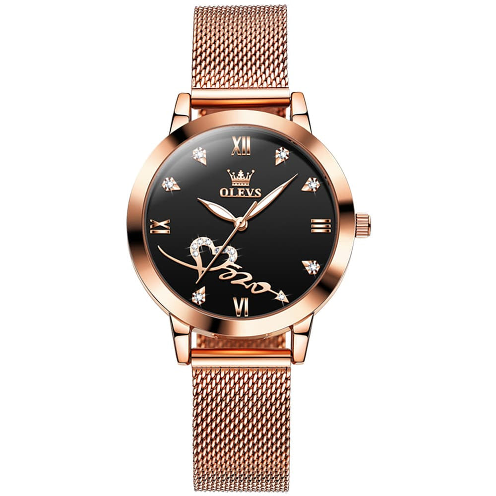 OLEVS Romantic Heart Crystal Dress Watch for Women Rose Gold Milanese Mesh 5530 - Rosy Pink Watch | Olevs Watch Store