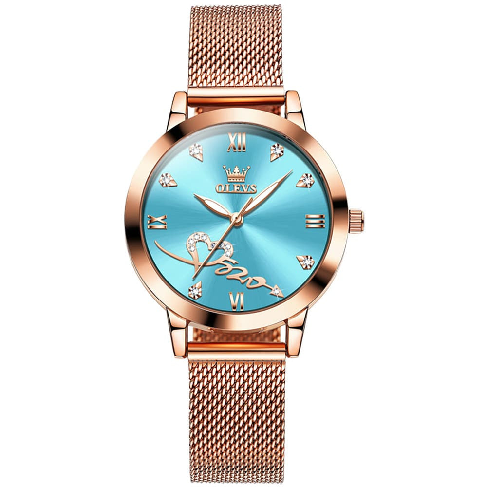 OLEVS Romantic Heart Crystal Dress Watch for Women Rose Gold Milanese Mesh 5530 - Rosy Pink Watch | Olevs Watch Store