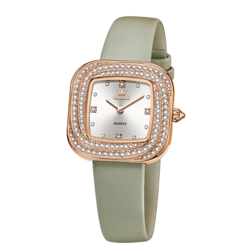 OLEVS Square Diamond Bezel Leather Watch 5512 Petite Quartz for Women - Rose Gold Green Watch | Olevs Watch Store