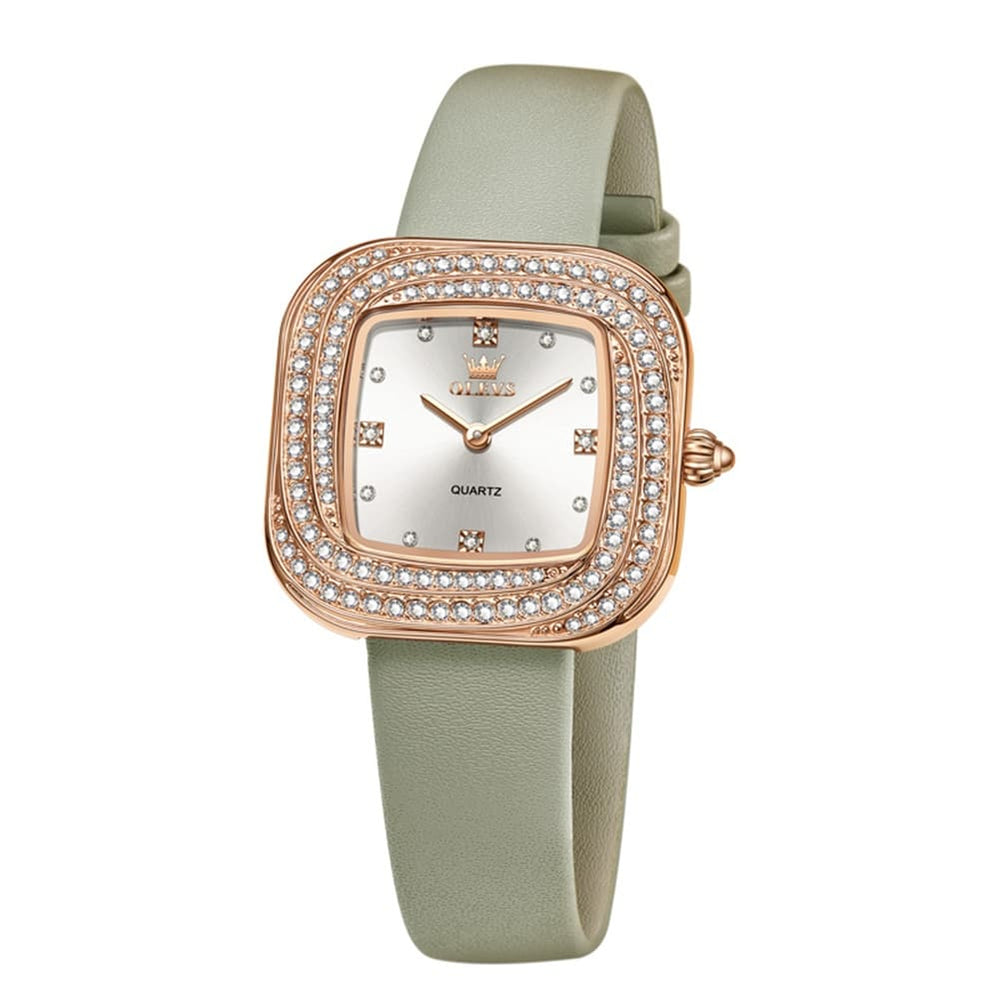 OLEVS Square Diamond Bezel Leather Watch 5512 Petite Quartz for Women - Rose Gold Green Watch | Olevs Watch Store