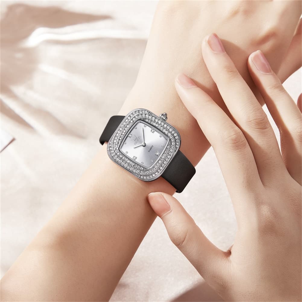 OLEVS Square Diamond Bezel Leather Watch 5512 Petite Quartz for Women - Silver Black Watch | Olevs Watch Store