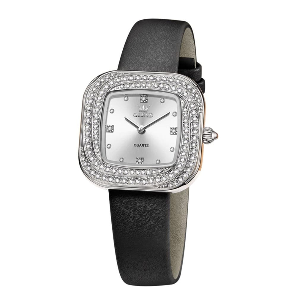 OLEVS Square Diamond Bezel Leather Watch 5512 Petite Quartz for Women - Silver Black Watch | Olevs Watch Store