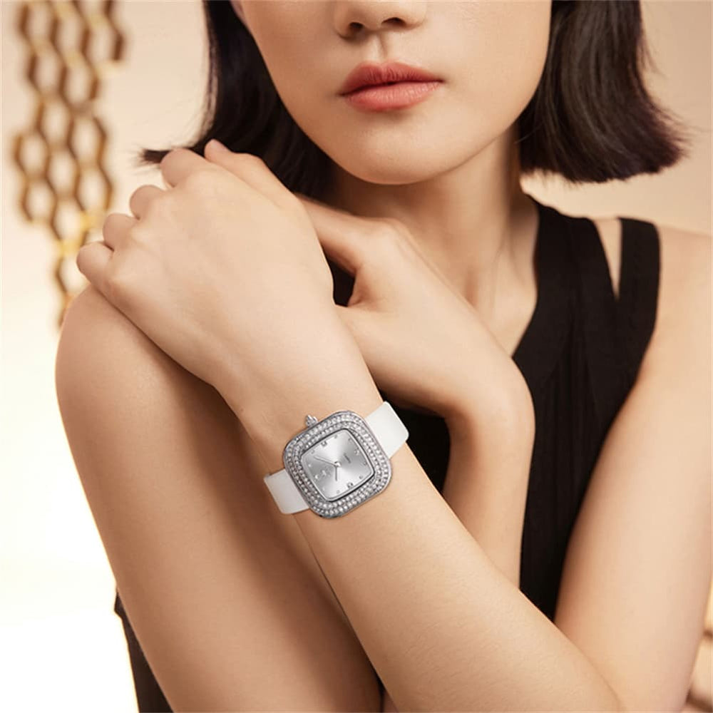 OLEVS Square Diamond Bezel Leather Watch 5512 Petite Quartz for Women - Silver Black Watch | Olevs Watch Store