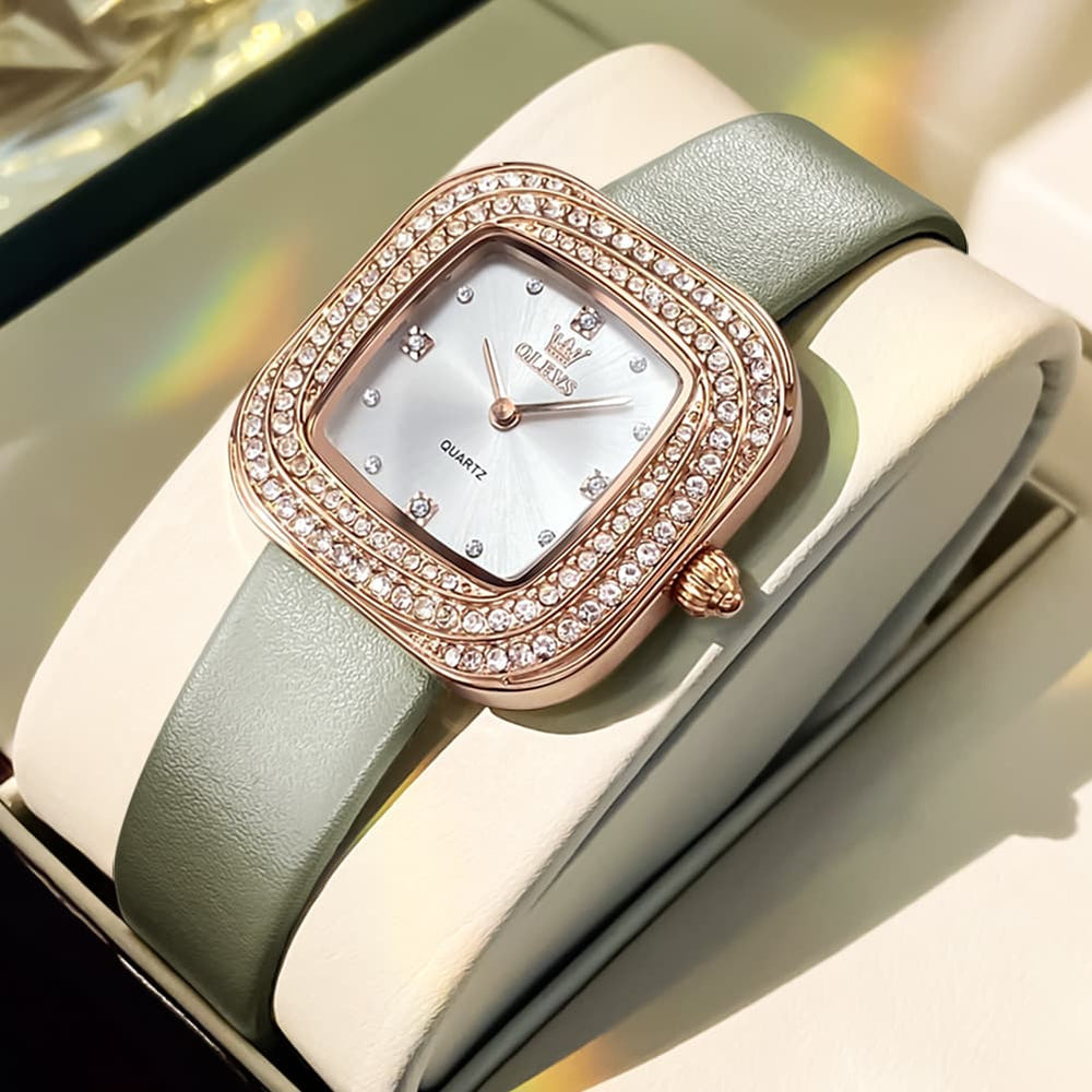 OLEVS Square Diamond Bezel Leather Watch 5512 Petite Quartz for Women - Silver Black Watch | Olevs Watch Store