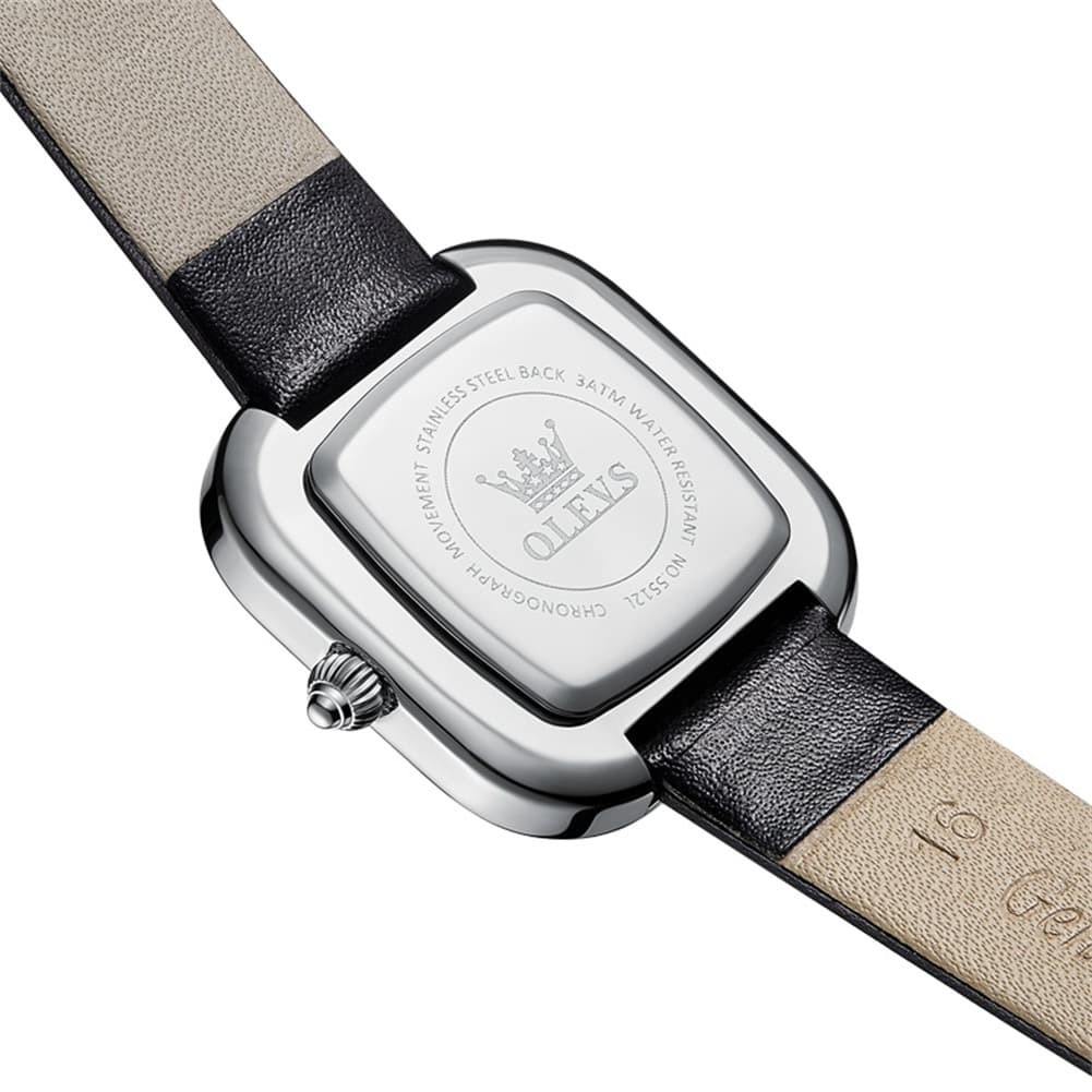 OLEVS Square Diamond Bezel Leather Watch 5512 Petite Quartz for Women - Silver Black Watch | Olevs Watch Store