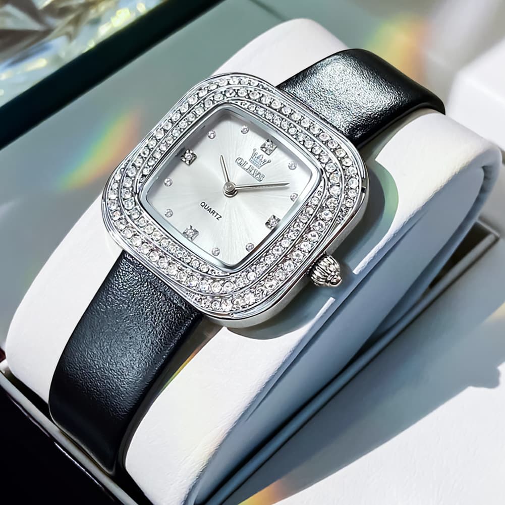 OLEVS Square Diamond Bezel Leather Watch 5512 Petite Quartz for Women - Silver Black Watch | Olevs Watch Store