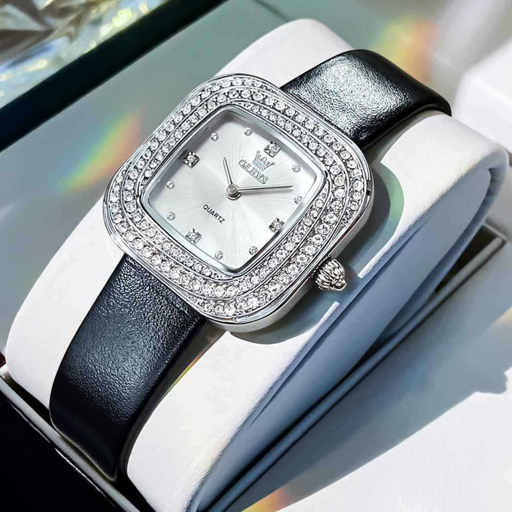 OLEVS Square Diamond Bezel Leather Watch 5512 Petite Quartz for Women - Silver Black Watch | Olevs Watch Store