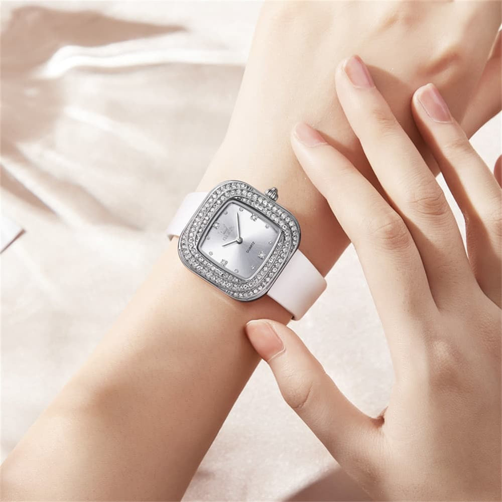 OLEVS Square Diamond Bezel Leather Watch 5512 Petite Quartz for Women - Silver Black Watch | Olevs Watch Store